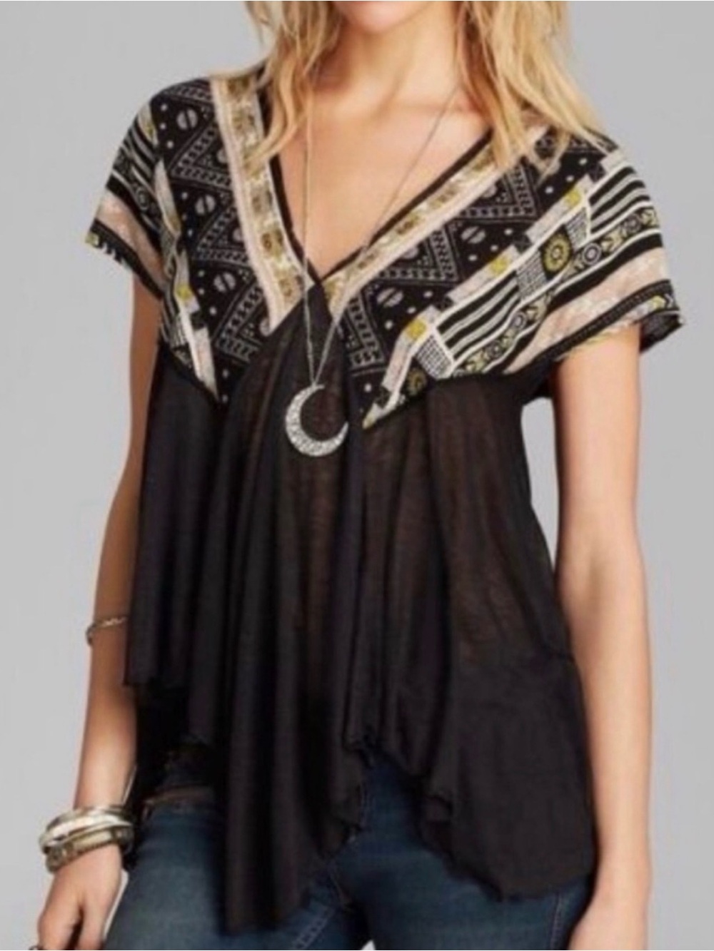 NWT Free People We Are Golden Deep V-Neck Boho Sheer Top Handkerchief Hem Sz S